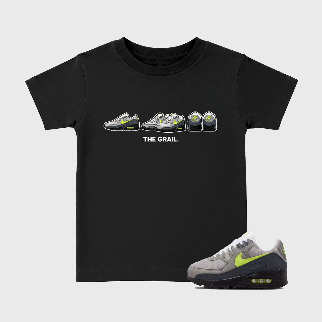 Sneakerfit graphic tee destination – Sneaker Tees To Match Air Max 90 Neon Yellow Sneakers – The Grail Kids T-Shirt Black 1