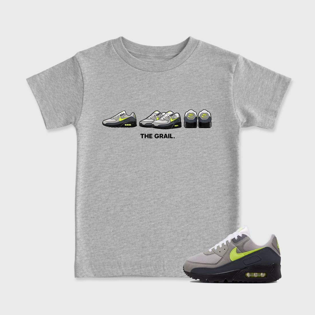 Sneakerfit graphic tee destination – Sneaker Tees To Match Air Max 90 Neon Yellow Sneakers – The Grail Kids T-Shirt Heather Grey 1