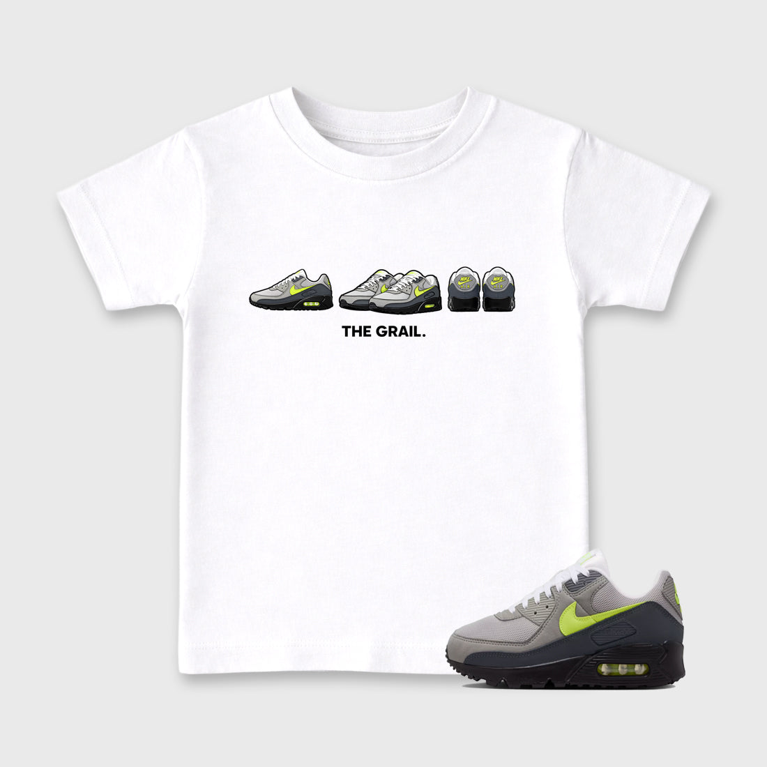 Sneakerfit graphic tee destination – Sneaker Tees To Match Air Max 90 Neon Yellow Sneakers – The Grail Kids T-Shirt White 1
