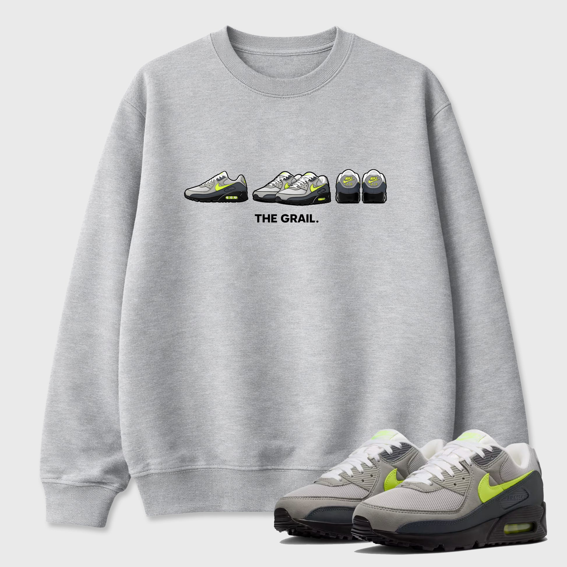 Sneakerfit graphic tee destination – Sneaker Tees To Match Air Max 90 Neon Yellow Sneakers – The Grail Tee Heather Grey 1