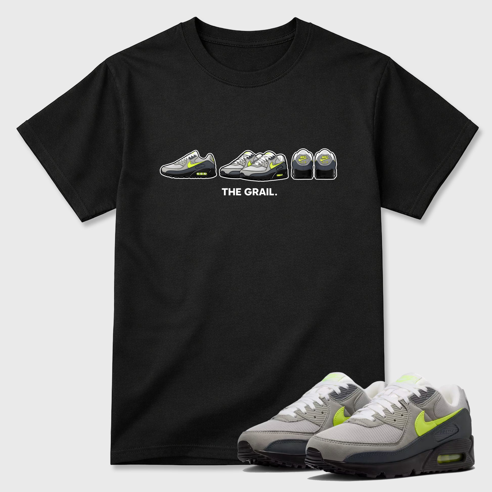 Sneakerfit graphic tee destination – Sneaker Tees To Match Air Max 90 Neon Yellow Sneakers – The Grail Tee Black 1