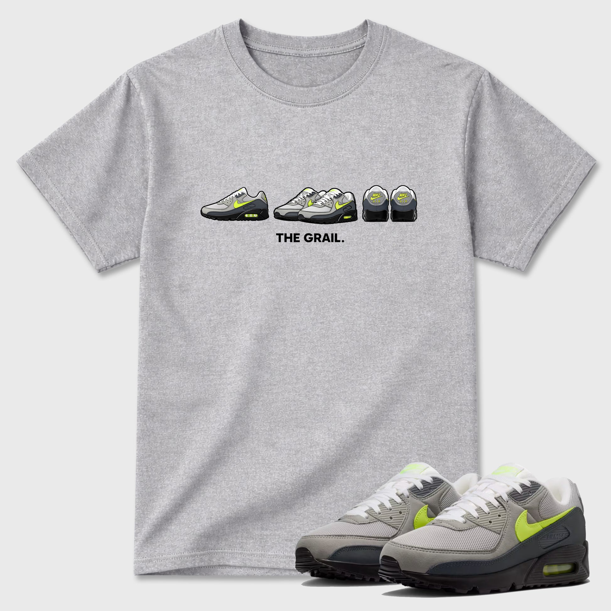 Sneakerfit graphic tee destination – Sneaker Tees To Match Air Max 90 Neon Yellow Sneakers – The Grail Tee Heather Grey 1