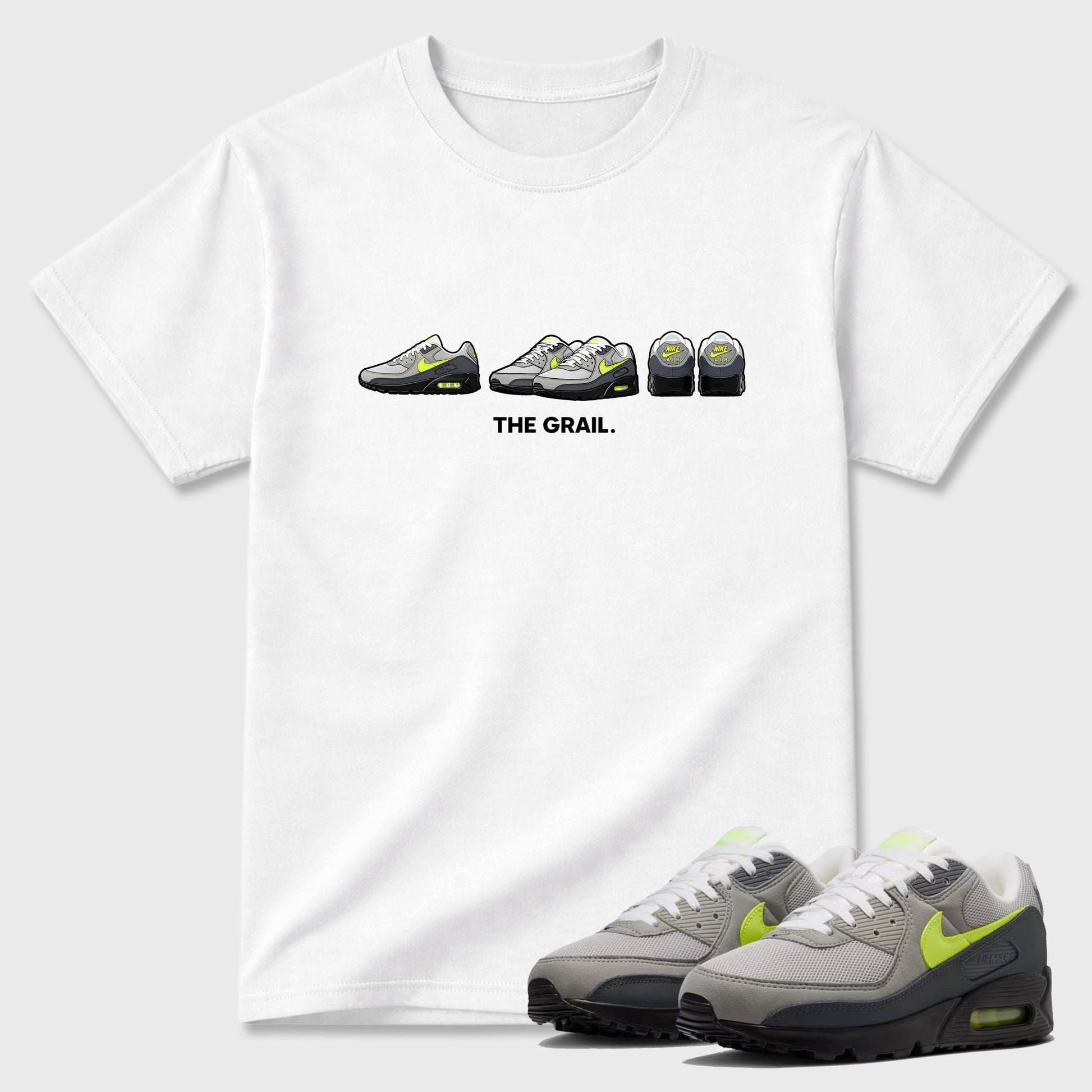 Sneakerfit graphic tee destination – Sneaker Tees To Match Air Max 90 Neon Yellow Sneakers – The Grail Tee White 1