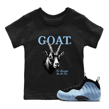 The Greatest Of All Time baby and kids t-shirt crafted for little sneakerheads to shine with the Air Foamposite One Psychic Blue sneakers, displayed in Black 1.