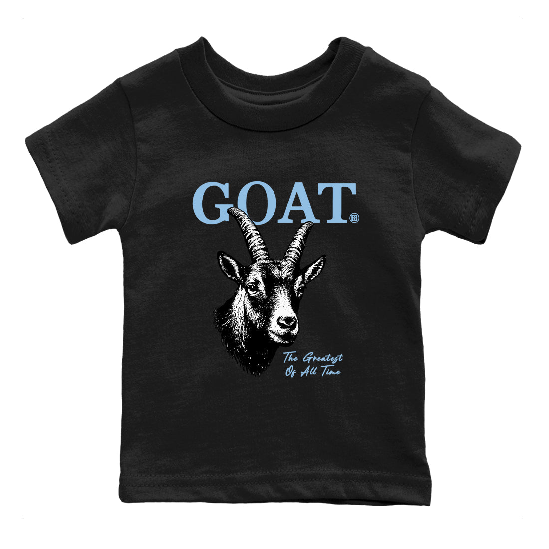 The Greatest Of All Time baby and kids t-shirt crafted for little sneakerheads to shine with the Air Foamposite One Psychic Blue sneakers, displayed in Black 2.