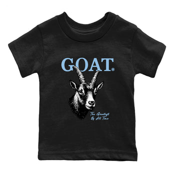 The Greatest Of All Time baby and kids t-shirt crafted for little sneakerheads to shine with the Air Foamposite One Psychic Blue sneakers, displayed in Black 2.