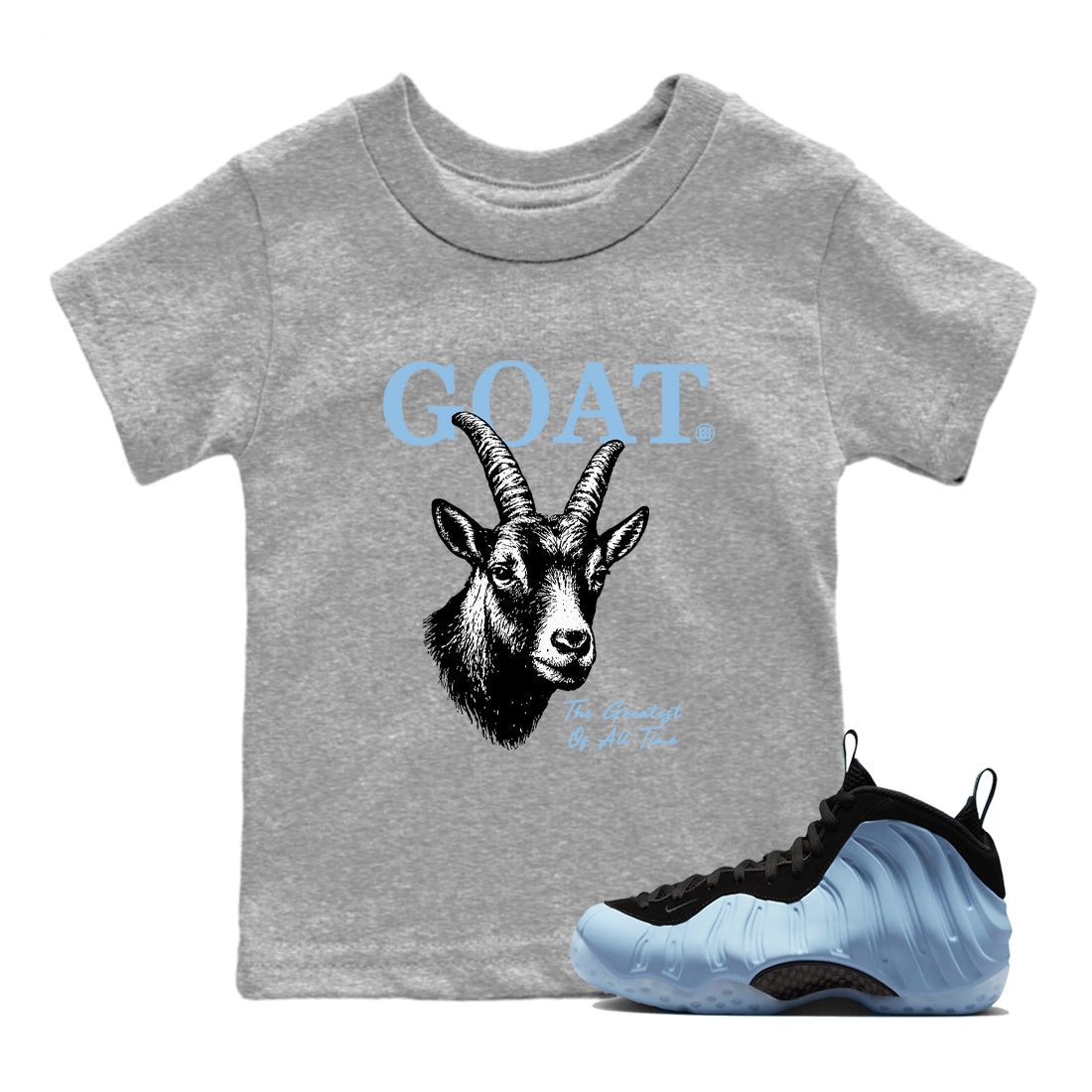 The Greatest Of All Time baby and kids t-shirt crafted for little sneakerheads to shine with the Air Foamposite One Psychic Blue sneakers, displayed in Heather Grey 1.