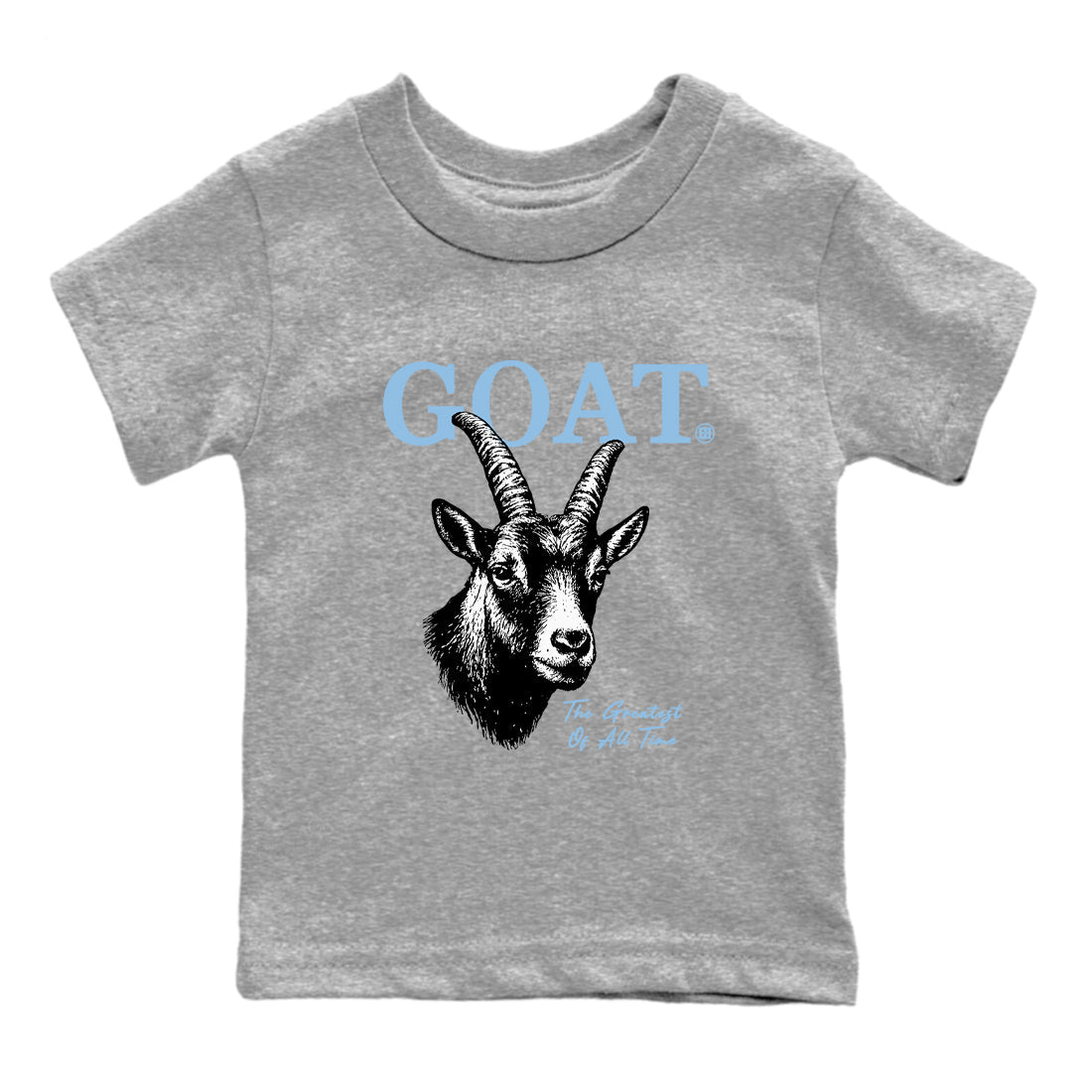 The Greatest Of All Time baby and kids t-shirt crafted for little sneakerheads to shine with the Air Foamposite One Psychic Blue sneakers, displayed in Heather Grey 2.