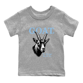 The Greatest Of All Time baby and kids t-shirt crafted for little sneakerheads to shine with the Air Foamposite One Psychic Blue sneakers, displayed in Heather Grey 2.