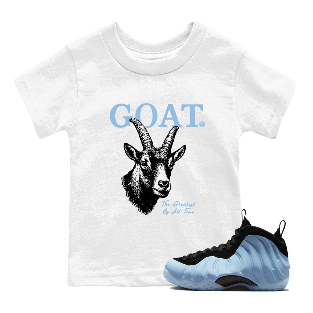 The Greatest Of All Time baby and kids t-shirt crafted for little sneakerheads to shine with the Air Foamposite One Psychic Blue sneakers, displayed in White 1.