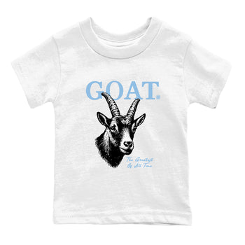 The Greatest Of All Time baby and kids t-shirt crafted for little sneakerheads to shine with the Air Foamposite One Psychic Blue sneakers, displayed in White 2.