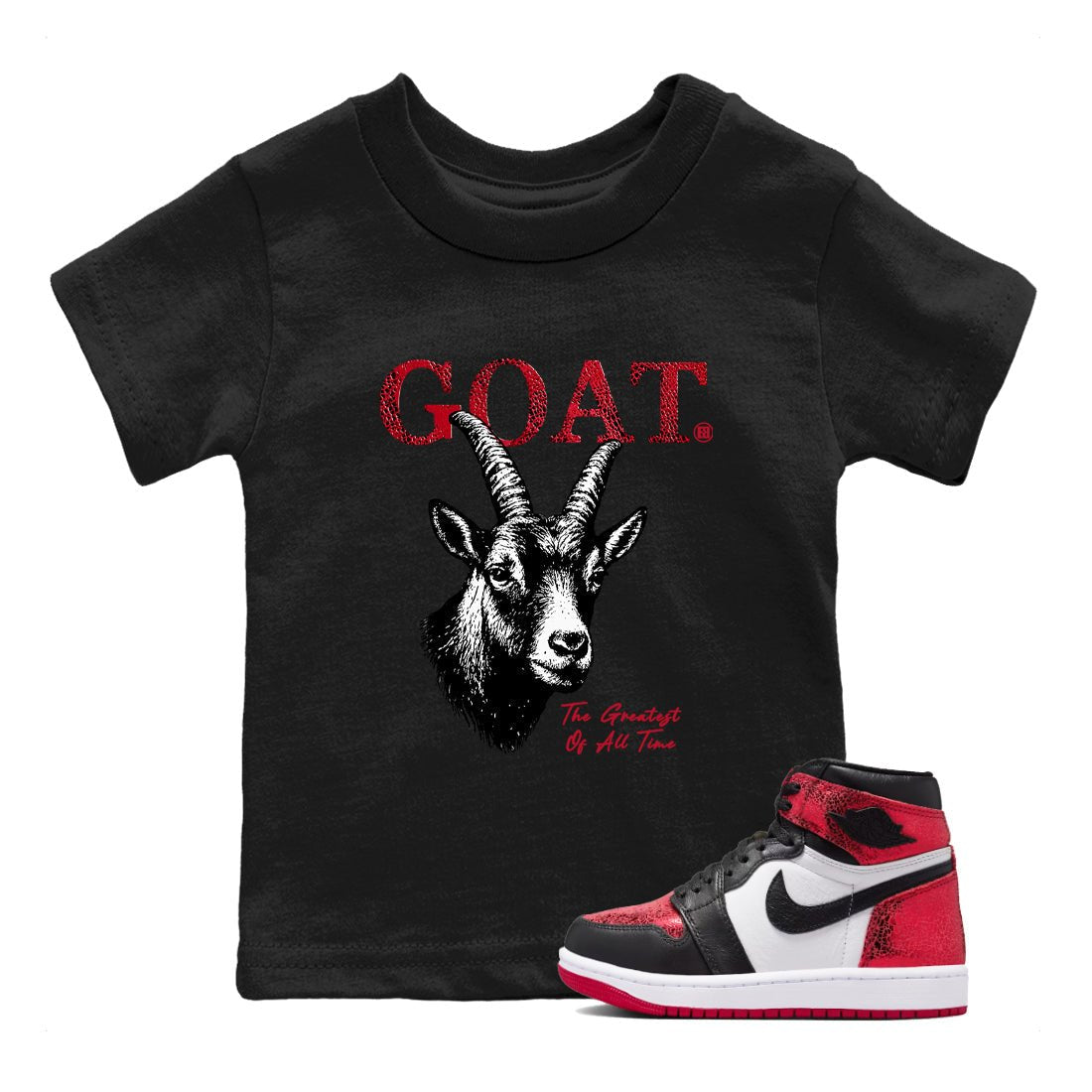 The Greatest Of All Time baby and kids t-shirt crafted for little sneakerheads to shine with the Air Jordan 1 Ruby sneakers, displayed in Black 1.