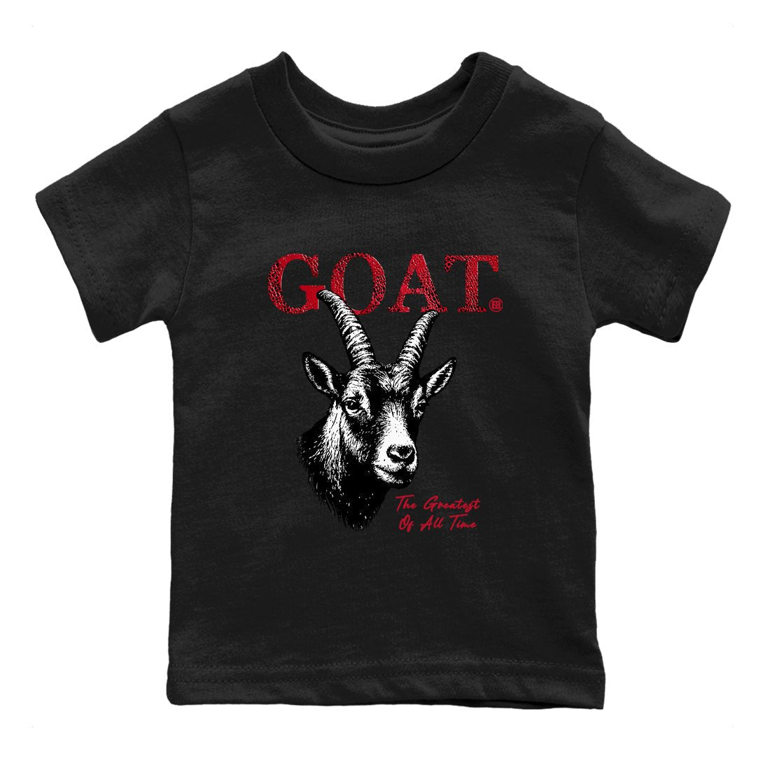 The Greatest Of All Time baby and kids t-shirt crafted for little sneakerheads to shine with the Air Jordan 1 Ruby sneakers, displayed in Black 2.