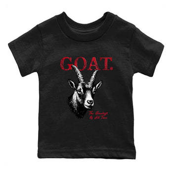 The Greatest Of All Time baby and kids t-shirt crafted for little sneakerheads to shine with the Air Jordan 1 Ruby sneakers, displayed in Black 2.