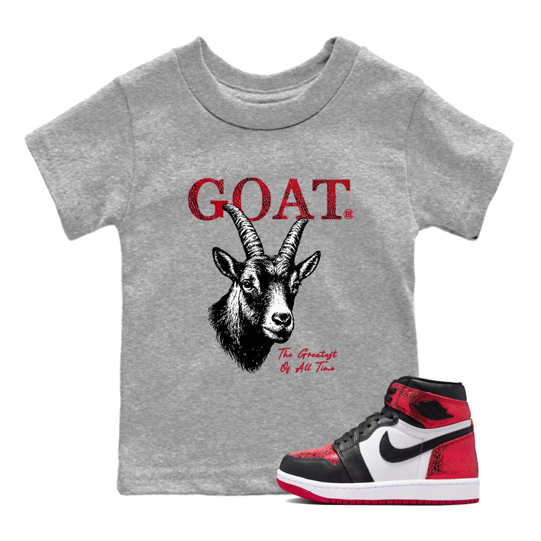 The Greatest Of All Time baby and kids t-shirt crafted for little sneakerheads to shine with the Air Jordan 1 Ruby sneakers, displayed in Heather Grey 1.