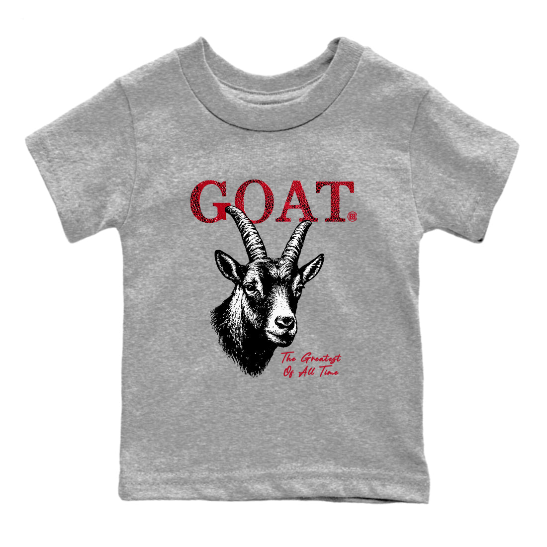 The Greatest Of All Time baby and kids t-shirt crafted for little sneakerheads to shine with the Air Jordan 1 Ruby sneakers, displayed in Heather Grey 2.
