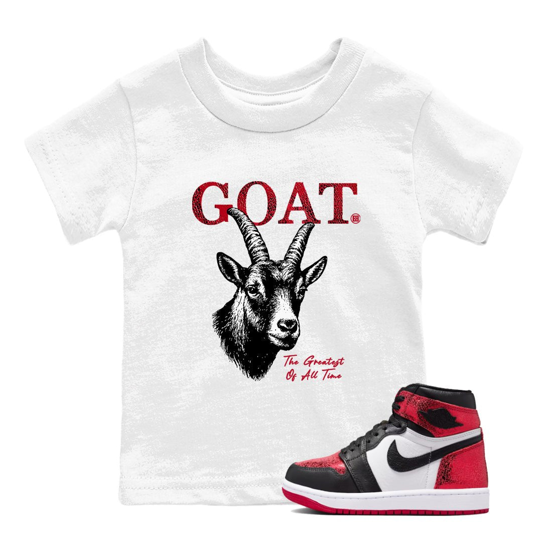 The Greatest Of All Time baby and kids t-shirt crafted for little sneakerheads to shine with the Air Jordan 1 Ruby sneakers, displayed in White 1.