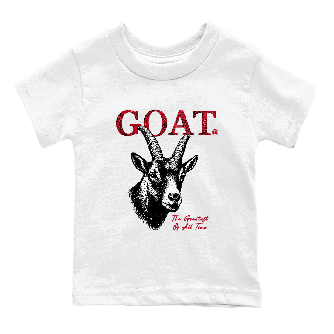 The Greatest Of All Time baby and kids t-shirt crafted for little sneakerheads to shine with the Air Jordan 1 Ruby sneakers, displayed in White 2.