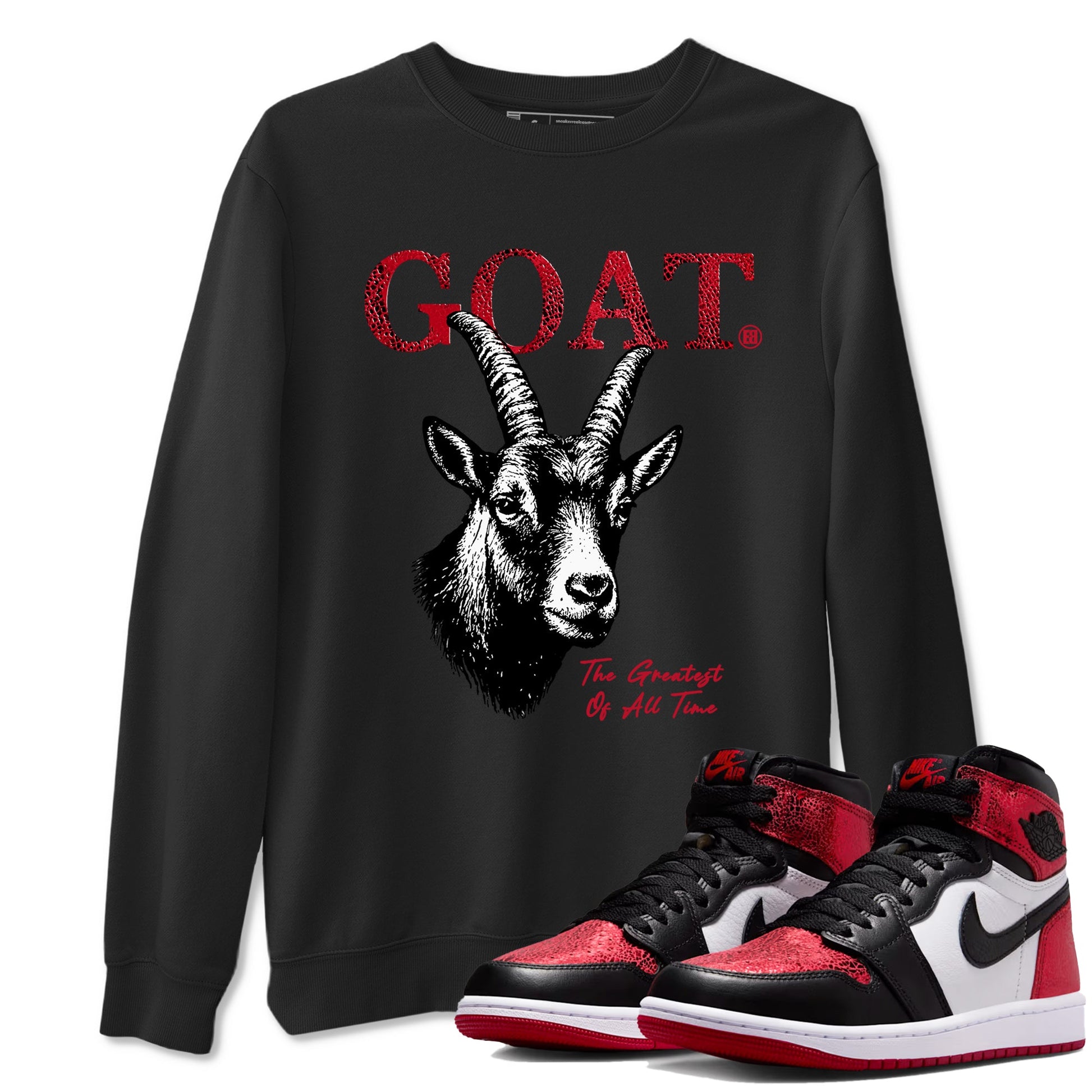 The Greatest Of All Time sneaker match t-shirt styled to complete your fit with the Air Jordan 1 Ruby sneakers, shown in Black 1.