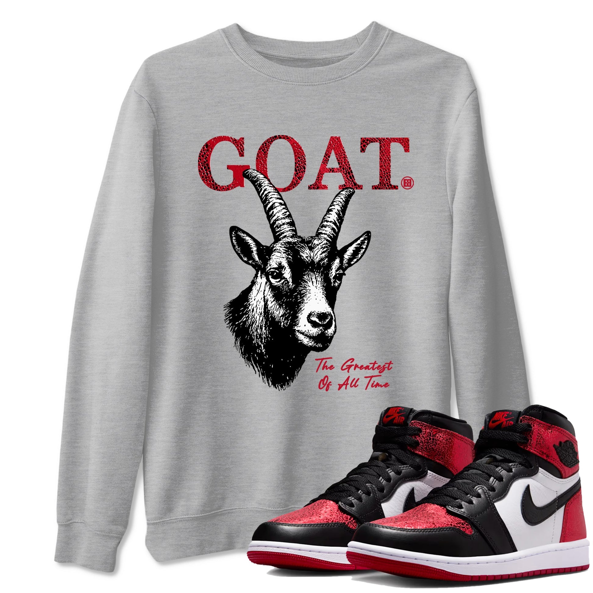The Greatest Of All Time sneaker match t-shirt styled to complete your fit with the Air Jordan 1 Ruby sneakers, shown in Heather Grey 1.
