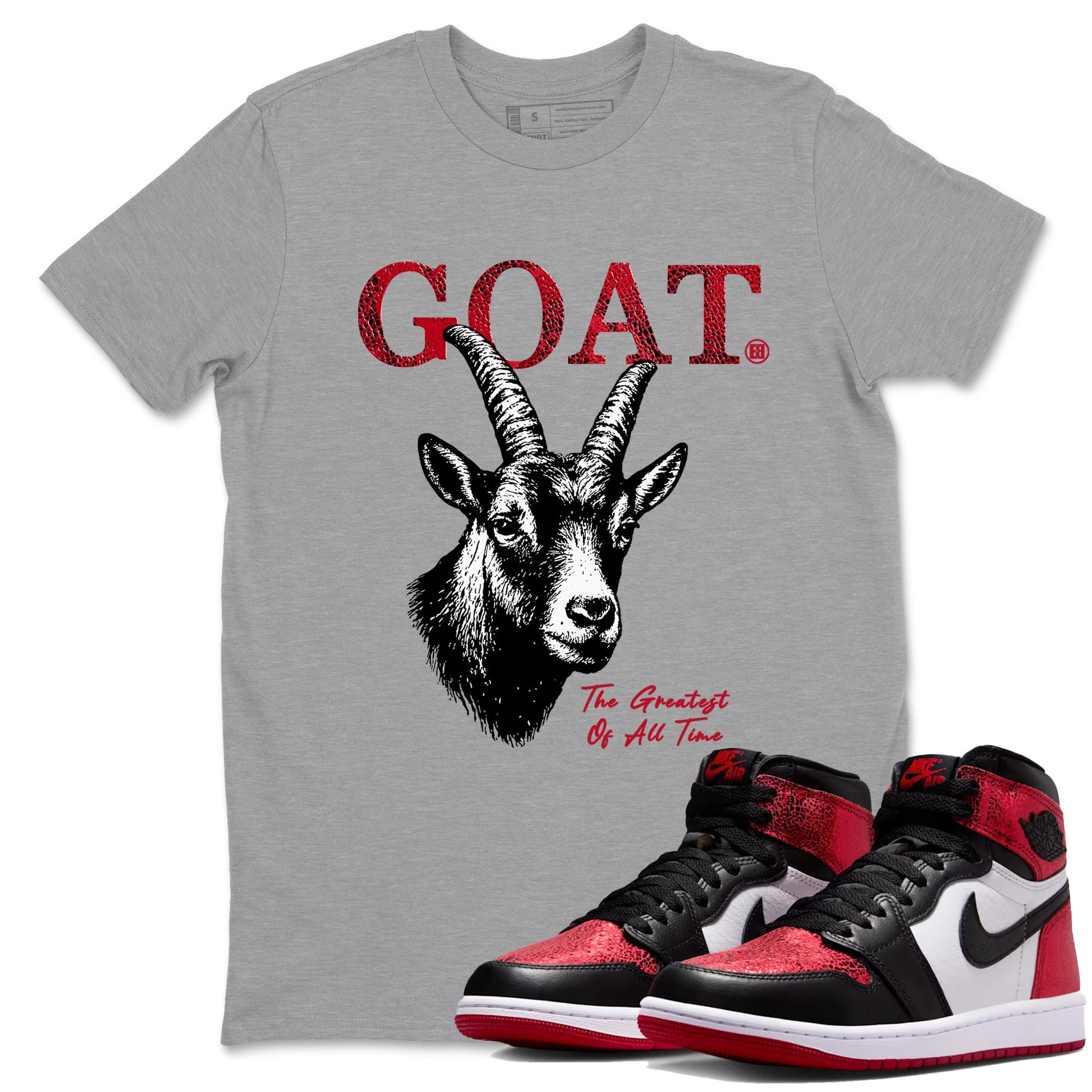 The Greatest Of All Time sneaker match t-shirt styled to complete your fit with the Air Jordan 1 Ruby sneakers, shown in Heather Grey 1.
