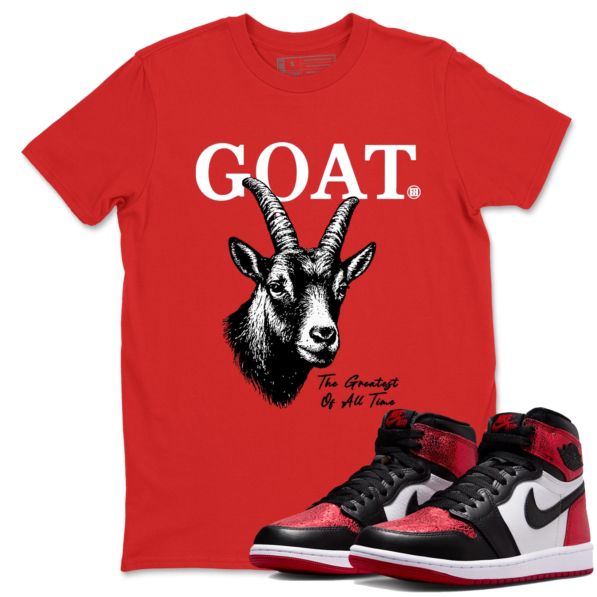 The Greatest Of All Time sneaker match t-shirt styled to complete your fit with the Air Jordan 1 Ruby sneakers, shown in Red 1.