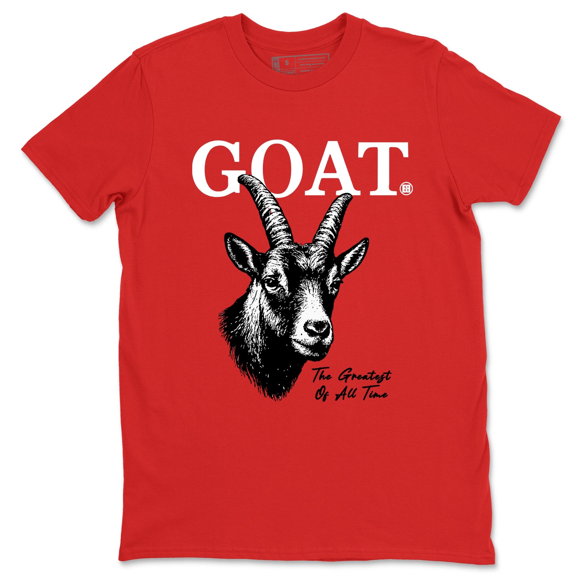 The Greatest Of All Time sneaker match t-shirt styled to complete your fit with the Air Jordan 1 Ruby sneakers, shown in Red 2.