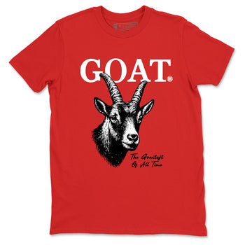 The Greatest Of All Time sneaker match t-shirt styled to complete your fit with the Air Jordan 1 Ruby sneakers, shown in Red 2.