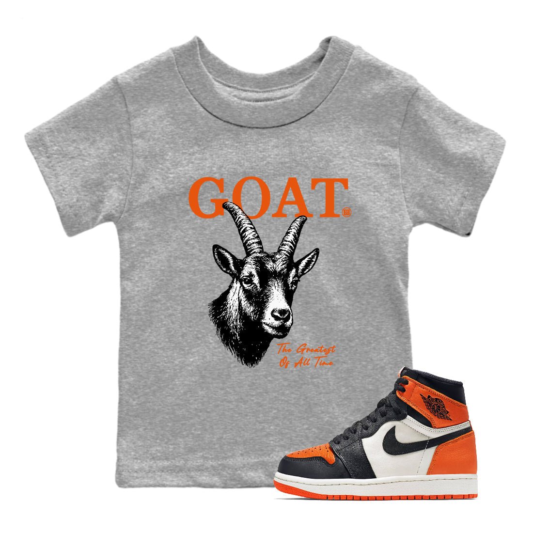 The Greatest Of All Time baby and kids t-shirt crafted for little sneakerheads to shine with the Air Jordan 1 Shattered Backboard sneakers, displayed in Heather Grey 1.