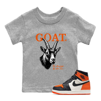 The Greatest Of All Time baby and kids t-shirt crafted for little sneakerheads to shine with the Air Jordan 1 Shattered Backboard sneakers, displayed in Heather Grey 1.