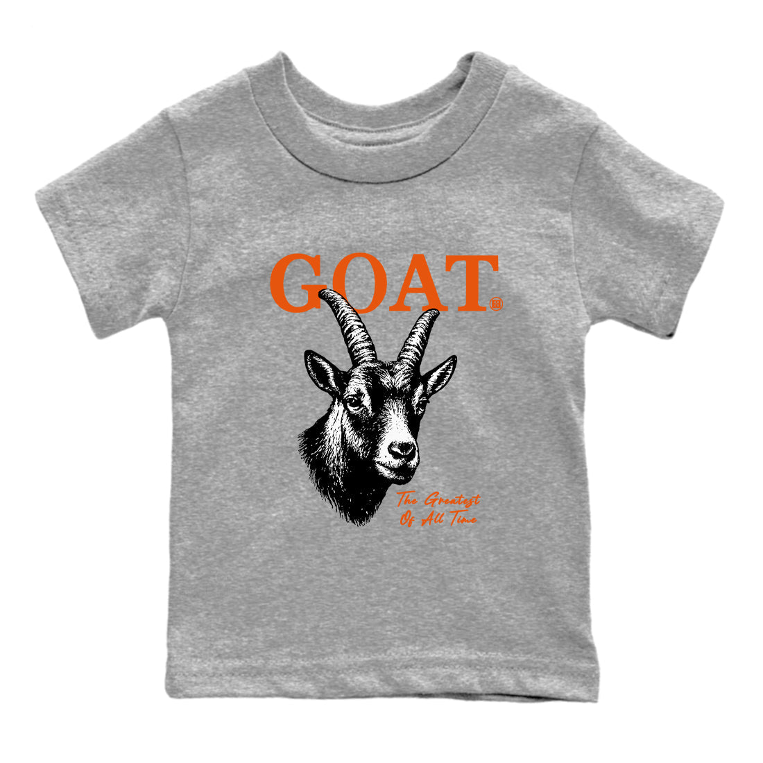 The Greatest Of All Time baby and kids t-shirt crafted for little sneakerheads to shine with the Air Jordan 1 Shattered Backboard sneakers, displayed in Heather Grey 2.