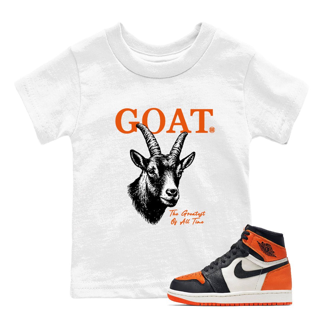 The Greatest Of All Time baby and kids t-shirt crafted for little sneakerheads to shine with the Air Jordan 1 Shattered Backboard sneakers, displayed in White 1.