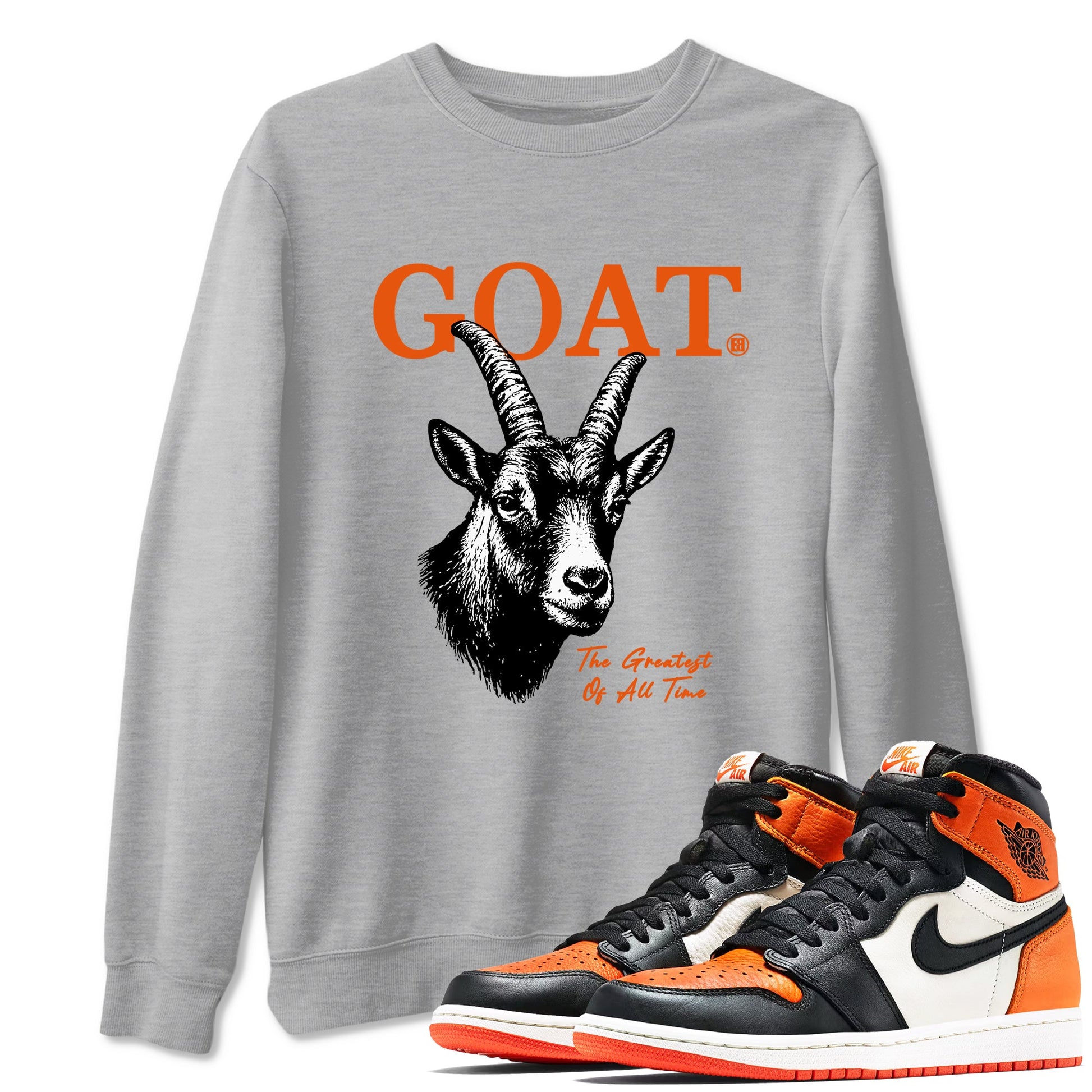 The Greatest Of All Time sneaker match t-shirt styled to complete your fit with the Air Jordan 1 Shattered Backboard sneakers, shown in Heather Grey 1.
