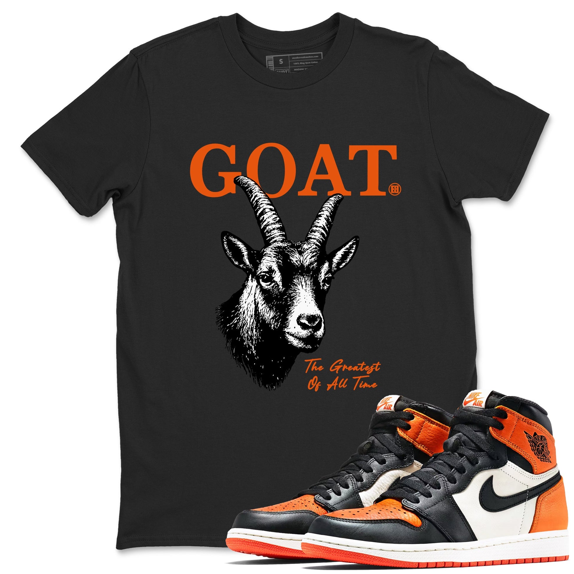The Greatest Of All Time sneaker match t-shirt styled to complete your fit with the Air Jordan 1 Shattered Backboard sneakers, shown in Black 1.