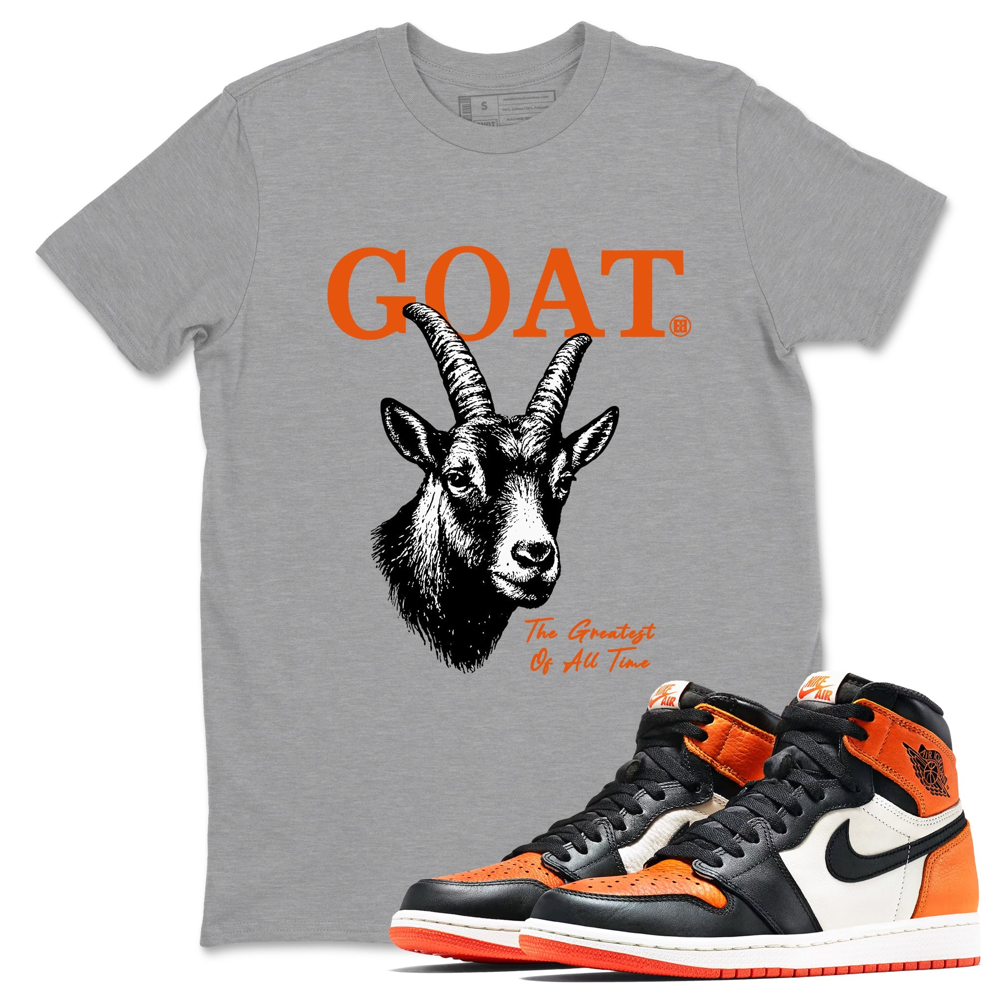 The Greatest Of All Time sneaker match t-shirt styled to complete your fit with the Air Jordan 1 Shattered Backboard sneakers, shown in Heather Grey 1.