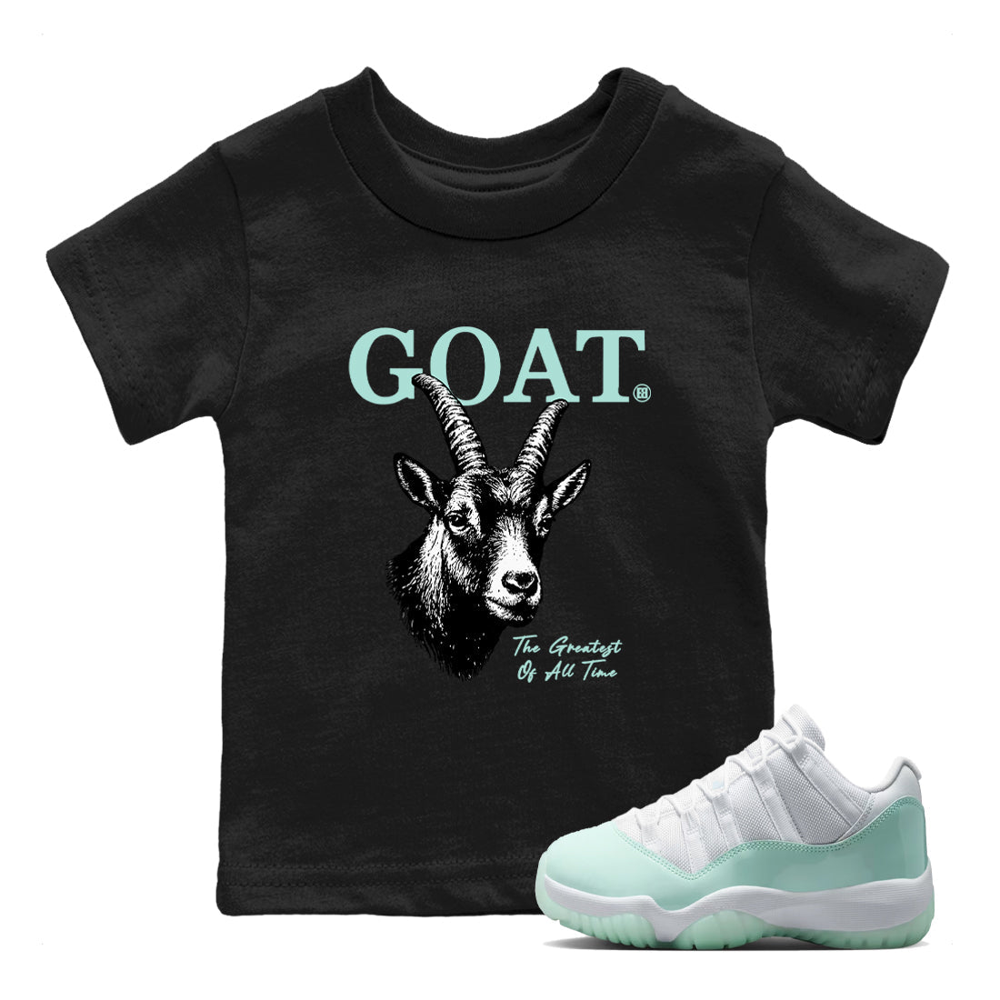 The Greatest Of All Time baby and kids t-shirt crafted for little sneakerheads to shine with the Air Jordan 11 Igloo sneakers, displayed in Black 1.