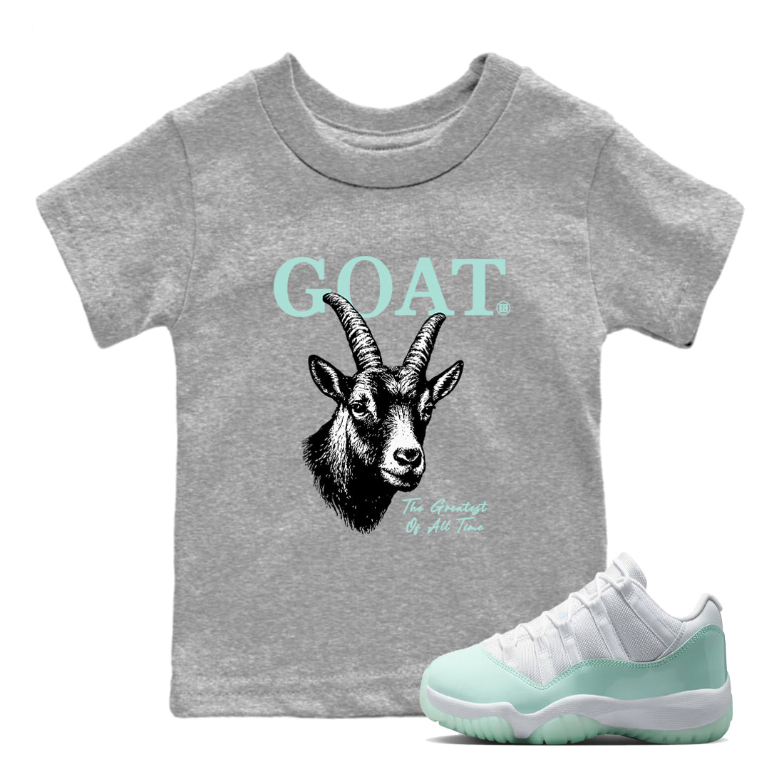 The Greatest Of All Time baby and kids t-shirt crafted for little sneakerheads to shine with the Air Jordan 11 Igloo sneakers, displayed in Heather Grey 1.