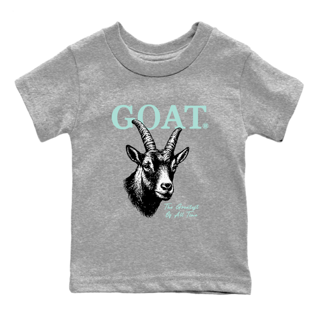The Greatest Of All Time baby and kids t-shirt crafted for little sneakerheads to shine with the Air Jordan 11 Igloo sneakers, displayed in Heather Grey 2.