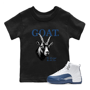 The Greatest Of All Time baby and kids t-shirt crafted for little sneakerheads to shine with the Air Jordan 12 French Blue sneakers, displayed in Black 1.