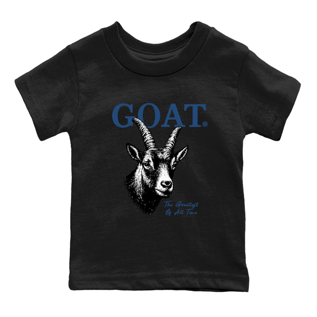 The Greatest Of All Time baby and kids t-shirt crafted for little sneakerheads to shine with the Air Jordan 12 French Blue sneakers, displayed in Black 2.