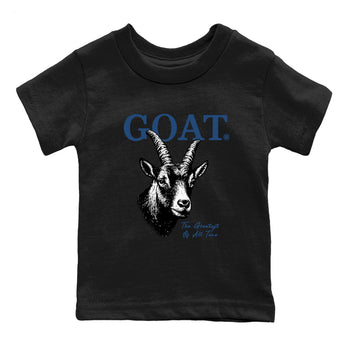 The Greatest Of All Time baby and kids t-shirt crafted for little sneakerheads to shine with the Air Jordan 12 French Blue sneakers, displayed in Black 2.