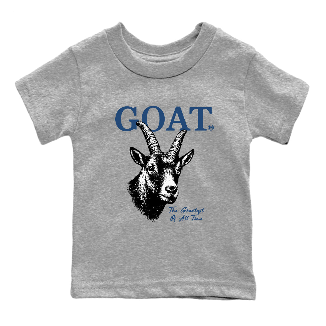 The Greatest Of All Time baby and kids t-shirt crafted for little sneakerheads to shine with the Air Jordan 12 French Blue sneakers, displayed in Heather Grey 2.