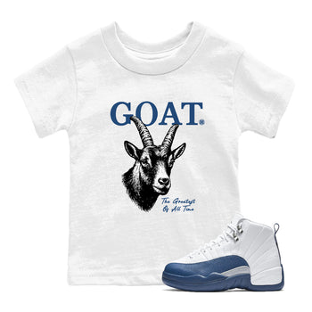 The Greatest Of All Time baby and kids t-shirt crafted for little sneakerheads to shine with the Air Jordan 12 French Blue sneakers, displayed in White 1.