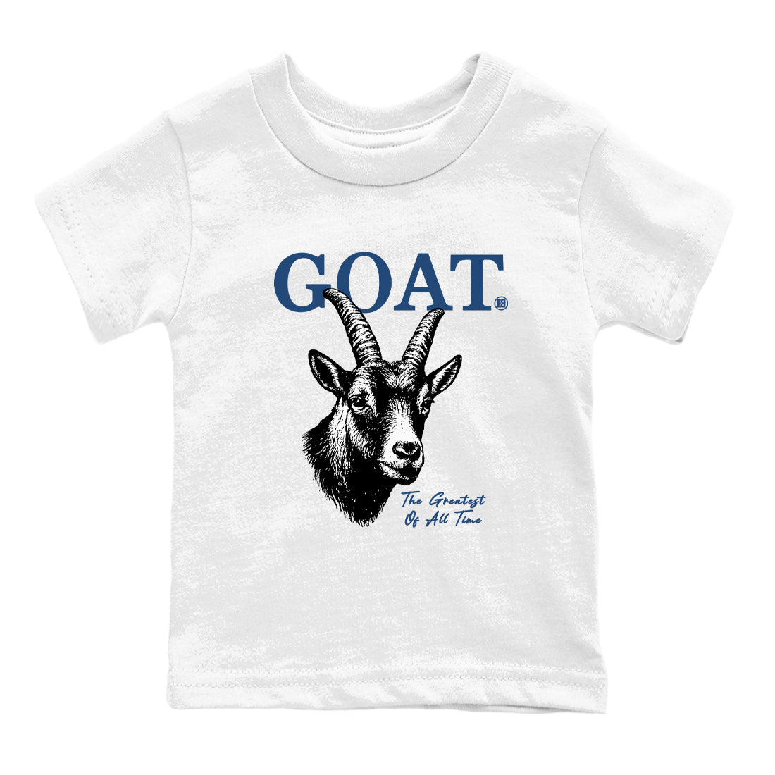 The Greatest Of All Time baby and kids t-shirt crafted for little sneakerheads to shine with the Air Jordan 12 French Blue sneakers, displayed in White 2.