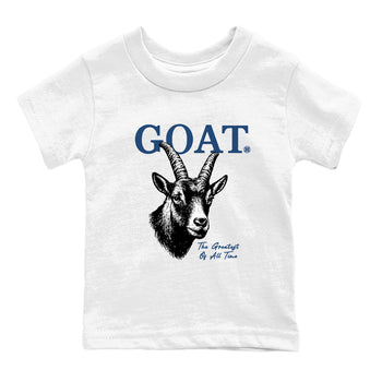 The Greatest Of All Time baby and kids t-shirt crafted for little sneakerheads to shine with the Air Jordan 12 French Blue sneakers, displayed in White 2.