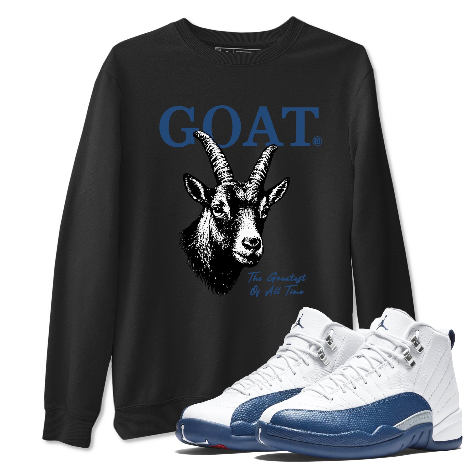 The Greatest Of All Time sneaker match t-shirt styled to complete your fit with the Air Jordan 12 French Blue sneakers, graphic shirts in Black 1.