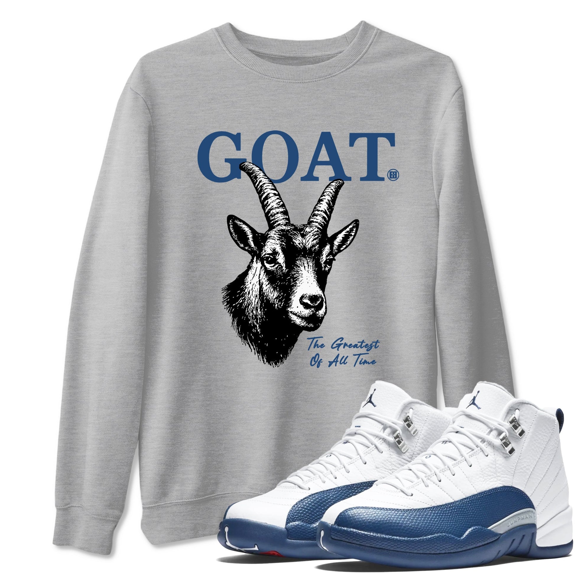 The Greatest Of All Time sneaker match t-shirt styled to complete your fit with the Air Jordan 12 French Blue sneakers, graphic shirts in Heather Grey 1.