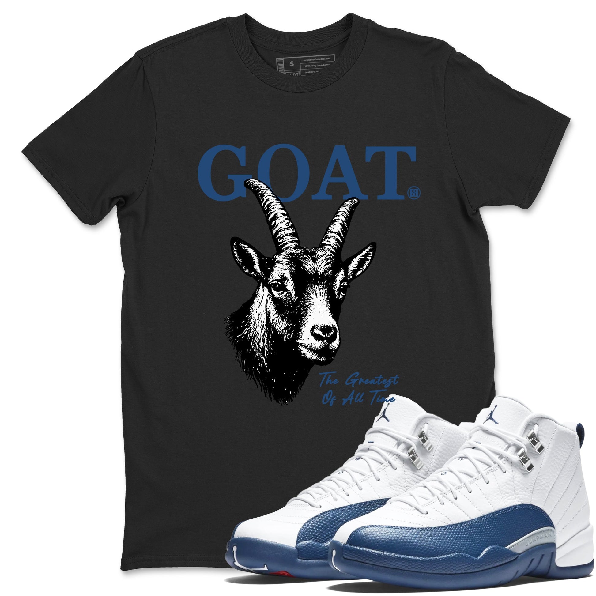 The Greatest Of All Time sneaker match t-shirt styled to complete your fit with the Air Jordan 12 French Blue sneakers, graphic shirts in Black 1.