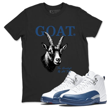 The Greatest Of All Time sneaker match t-shirt styled to complete your fit with the Air Jordan 12 French Blue sneakers, graphic shirts in Black 1.