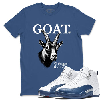 The Greatest Of All Time sneaker match t-shirt styled to complete your fit with the Air Jordan 12 French Blue sneakers, graphic shirts in Denim Blue 1.